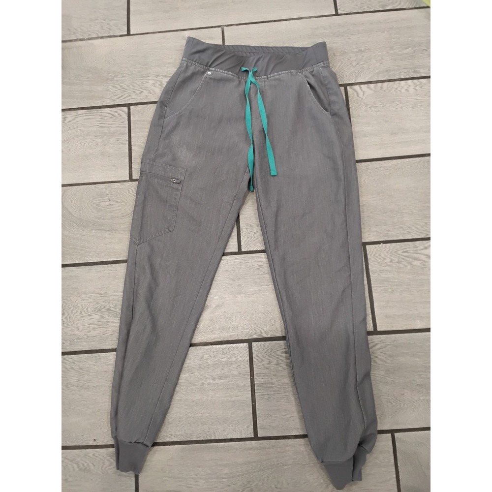 FIGS Zamora Jogger Scrub Pants Grey Teal Drawstring Yoga Waistband W18SW2005